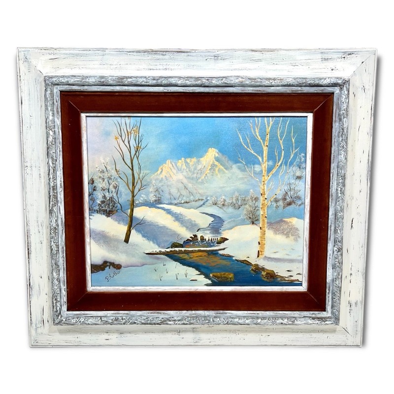 Winter Mountain Landscape Forest Oil Painting on Canvas with Custom Snowy Rustic