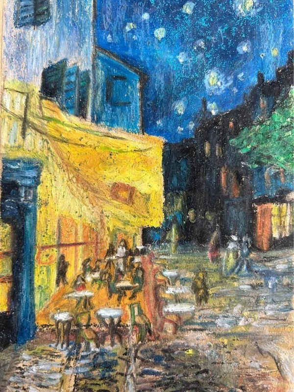 Handmade Van Gogh Oil Pastel Painting, Glittery Café Terrace Art Reproduction