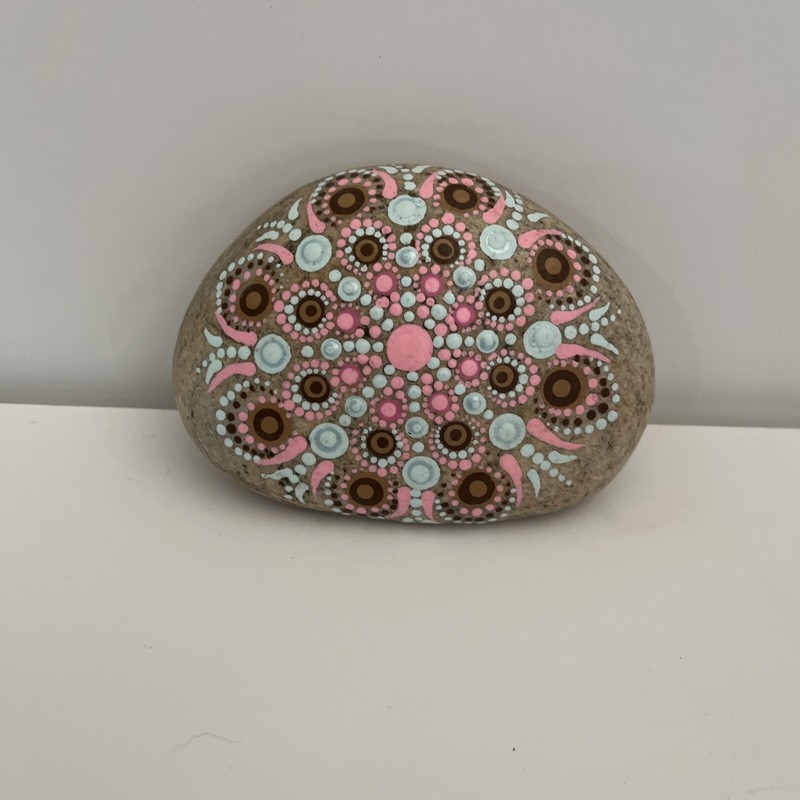 Hand Painted Dot Mandala On Light Colored Art Stone Blue/Pink/Brown 4 Inches gallery
