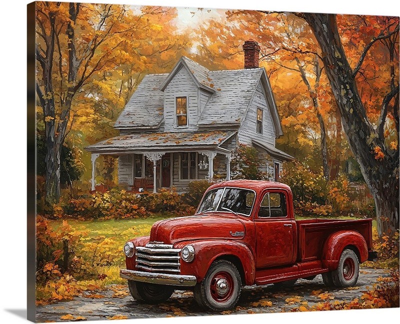 Autumn In New Hampshire Old Home Truck & Leaves Giclee Art Canvas Wrap or Print