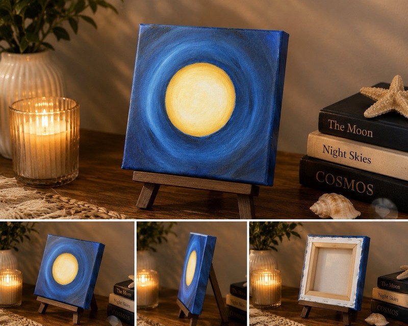 Abstract Acrylic Painting Moon on Canvas Hand painted 6×6 Inches Unframed