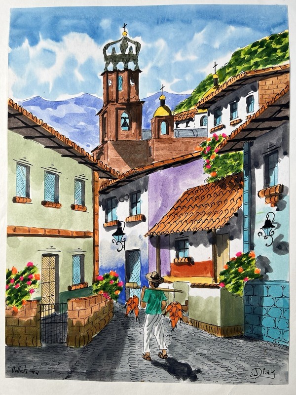 Watercolor Painting over Ink Print Mexico Cityscape Church Tower 15x11” Diaz ‘94 gallery