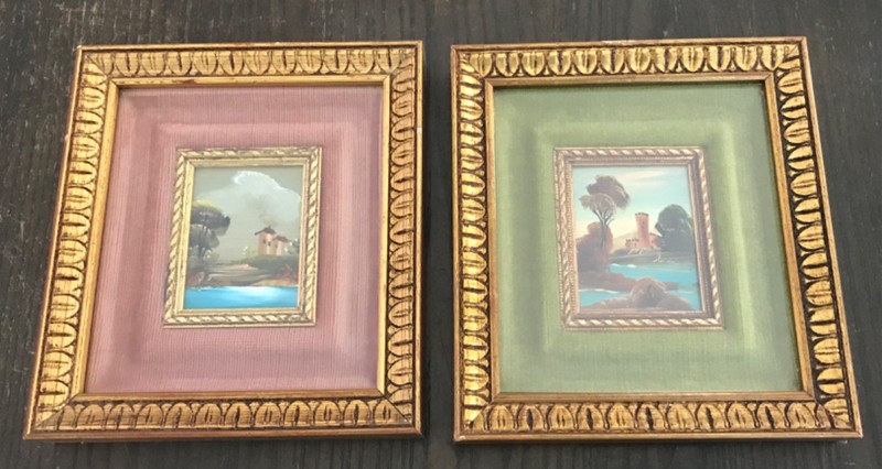 2 VTG Small Oil Paintings~Velvet~Double Matted~Ornate Wooden Frames~Pair~8” x 9”