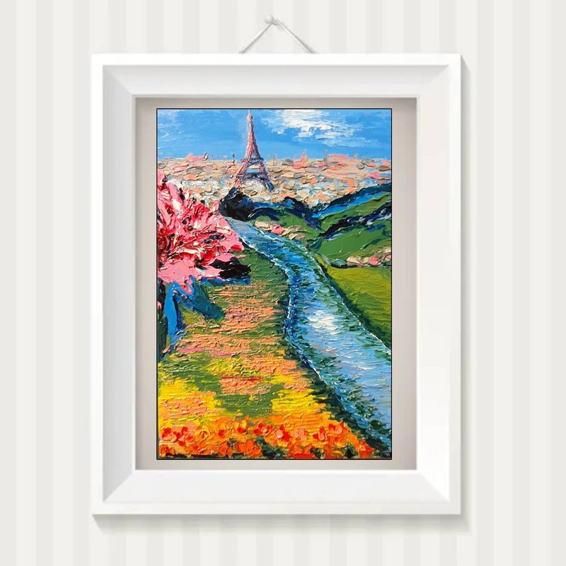 Paris Eiffel Tower Seine River Flowers Painting Waikiki Beach, HI Original Art