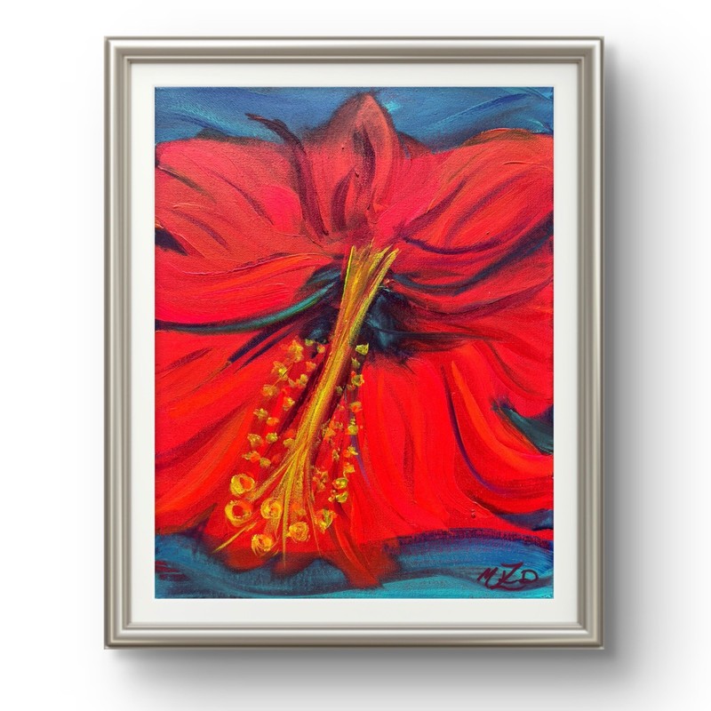 Original Colorful and Bold Red Hibiscus Flower Signed by Artist Wall Art Decor gallery