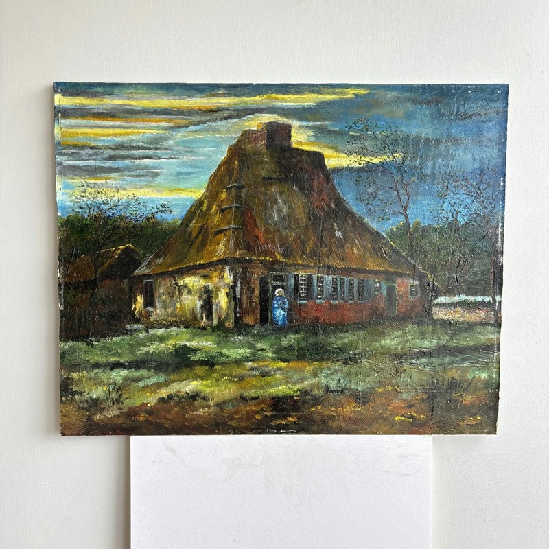 Original Landscape Oil Painting «Thatched Cottage» Expressive Art