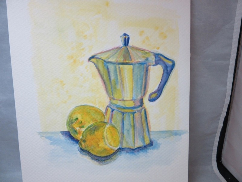 Amateur art water color painting. Coffee pot, lemons still life gallery