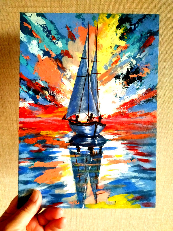 Original painting Sailing boat at sea at sunset. Bright colorful sky. Handmade, gallery