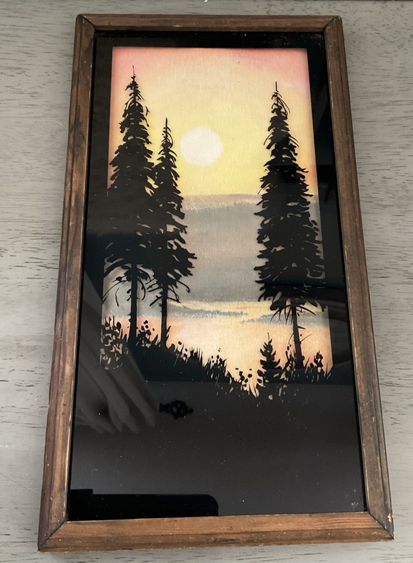 VTG Reverse Glass Painting Pine Trees at Sunset Mountain Scene Wood Frame Glass