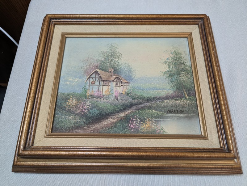 VTG framed Oil On Canvas Spring Thatch Roof Cottage Signed by Artist Marl Marten