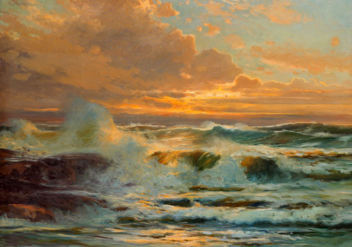 Art Oil painting beautiful seascape ocean waves with rocks in sunset handpainted