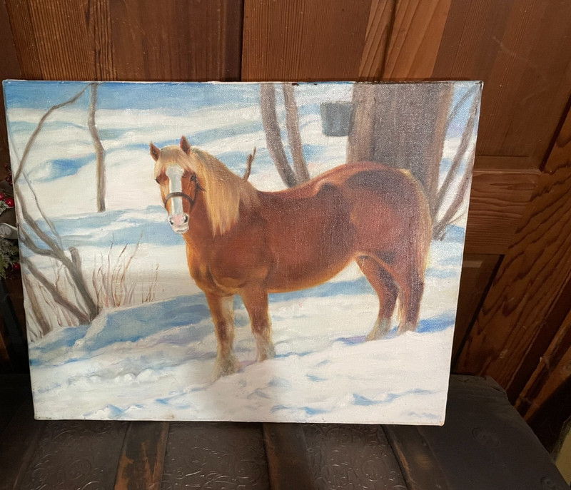 OOAK OIL ON CANVAS WINTER SCENE W/ BELGIUM DRAFT HORSE/BRABANT 20″ W X 16″ H