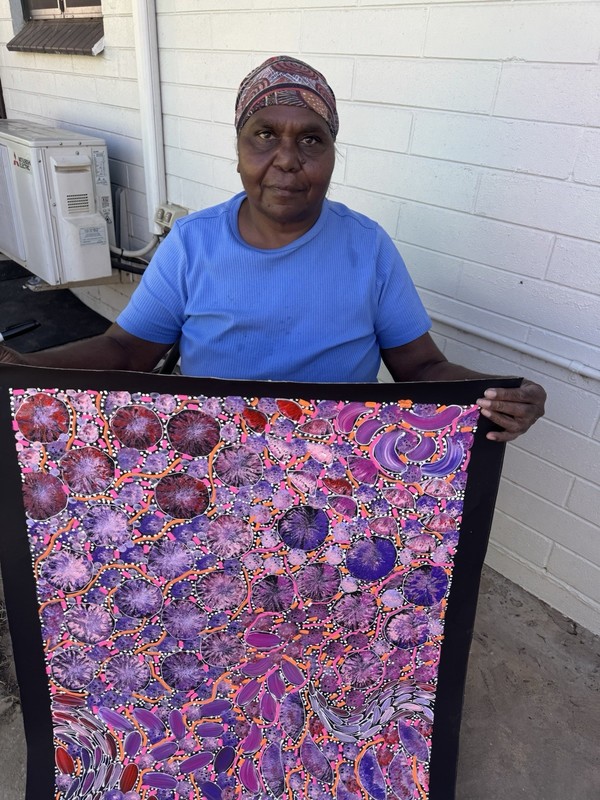 Rachael Nambula. Authentic Aboriginal Art. Size 120cm x 60cm,Pencil Yam gallery