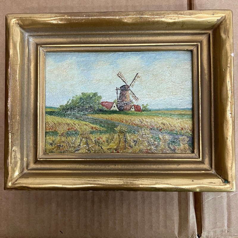 signed H. Punz, oil painting of landscape with windmill housed in a period frame