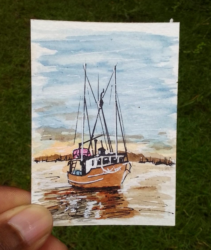 ACEO Original Watercolor Painting Sunset Boat Harbor Coastal Miniature Art OOAK