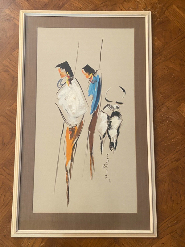 Signed Vintage Abstract Oil Painting Figurines Nirmala Gautama 35 1/2 x 21 5/8″
