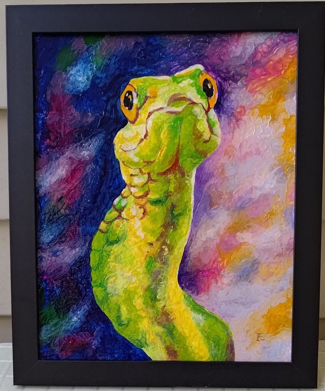 Original painting on board, GREEN SNAKE, animal, 8″x 10″, signed, snake