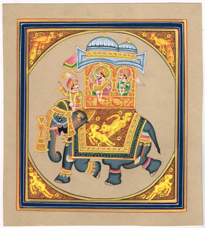 Handmade Indian Painting depicting Mughal royal procession King With Elephant