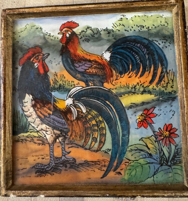 Small Vintage Robert M Weiss «Two Roosters Reverse Oil On Glass Painting -Framed