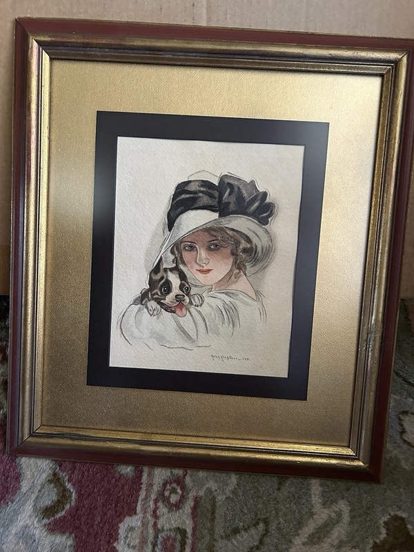 1900’s Original Water Color Lady With Boston Terrier. Framed.