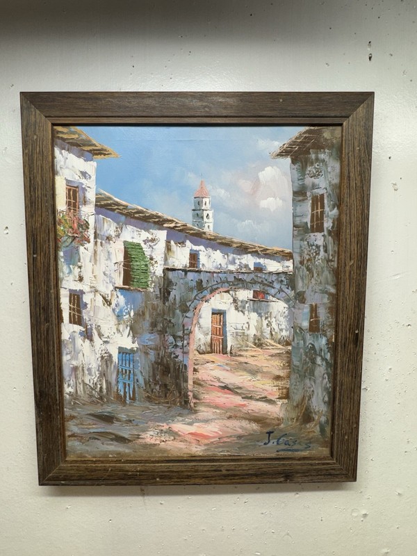 Signed Palette Knife Oil Painting Rural Spanish Cityscape Framed