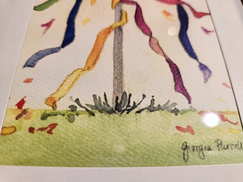 Original Watercolor "Maypole" Signed by Georgia Purcell Framed 7x9 gallery