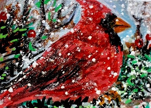 ORIGINAL Male Cardinal Bird ACEO PAINTING Winter Red BIRD Snow Animal Nature ART