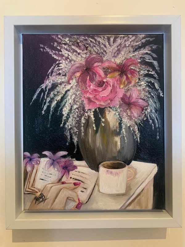 Original Oil Painting Cozy Girl with Coffee & Book Framed Canvas Art 35x29cm