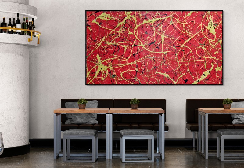 XXL Jackson Pollock Style Red & Yellow Abstract Art Textured Painting 78x39 in gallery