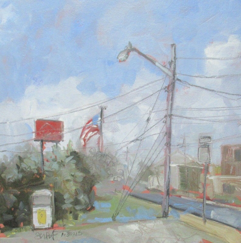 SARAH BAPTIST "RED,WHITE AND BLUE" ORIGINAL OIL ON BOARD STREET SCENE PAINTING gallery