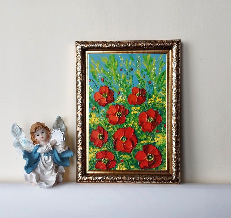 Framed Red Poppies Summer Wild Flowers Art 4x6" Impasto Oil Painting Original gallery