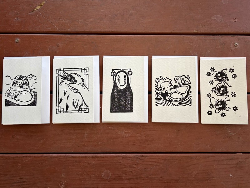 Original Studio Ghibli Greeting Cards 3 Print By Alannah Dyer- 4×6 in. Lino Cut