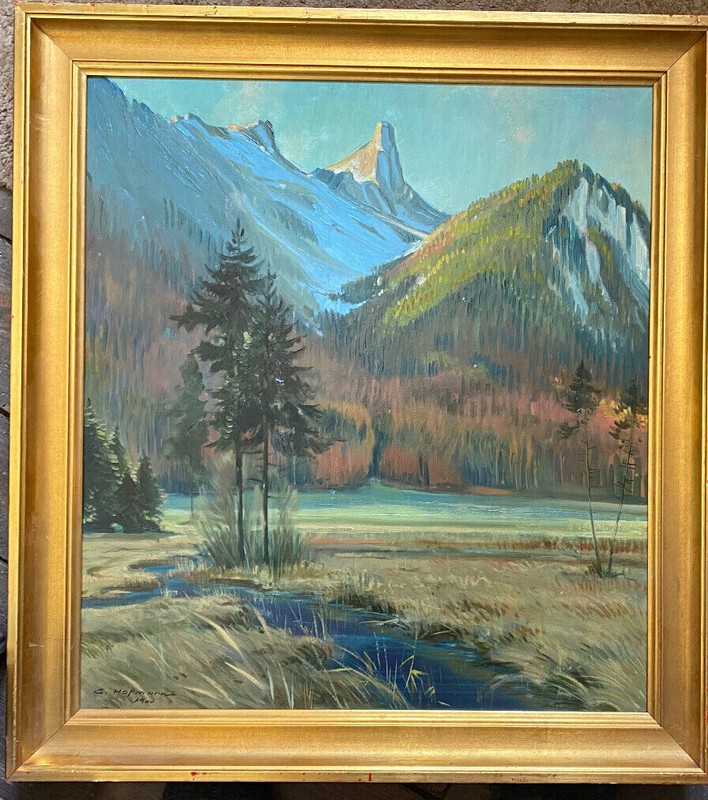 ::ALPEN E. HOFMANN 1940 FRÜHLING IM TAL IMPRESSIONIST ANTIK RAHMEN WIESE TAL ALM