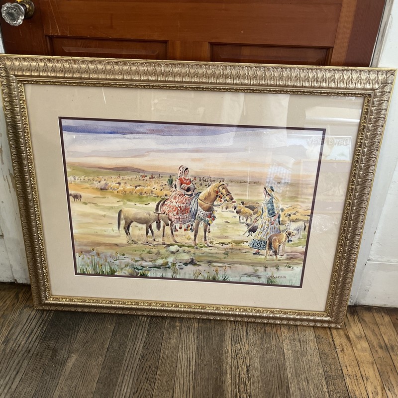 Mansour Khaleghi Watercolor Painting Sheep Herders Mother and Child Gilded Frame
