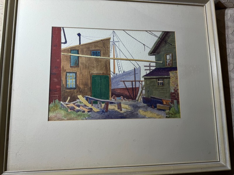 E.J Saylor «Boatyard Scene» Watercolor Painting #1 – Signed And Framed