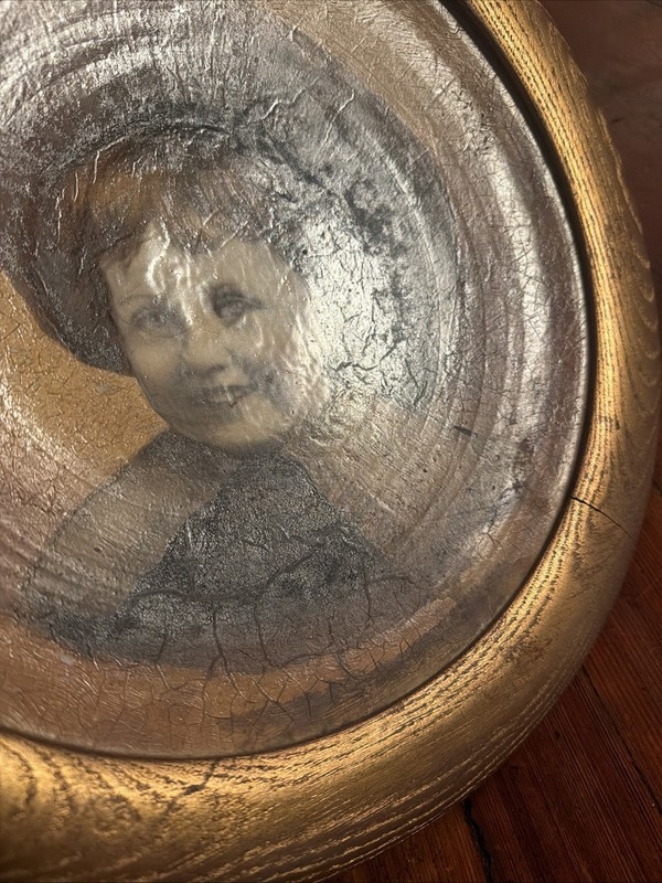 RARE Antique hand Painted portrait Of little girl on concaved porcelain 1 Of 1 gallery