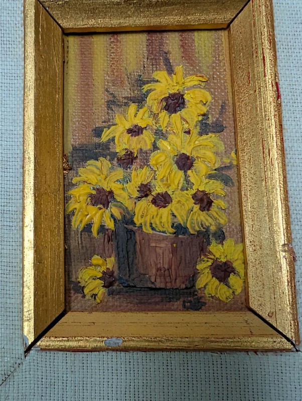 Vintage Miniature Oil Painting Yellow daisy flowers Gold Frame Floral gallery