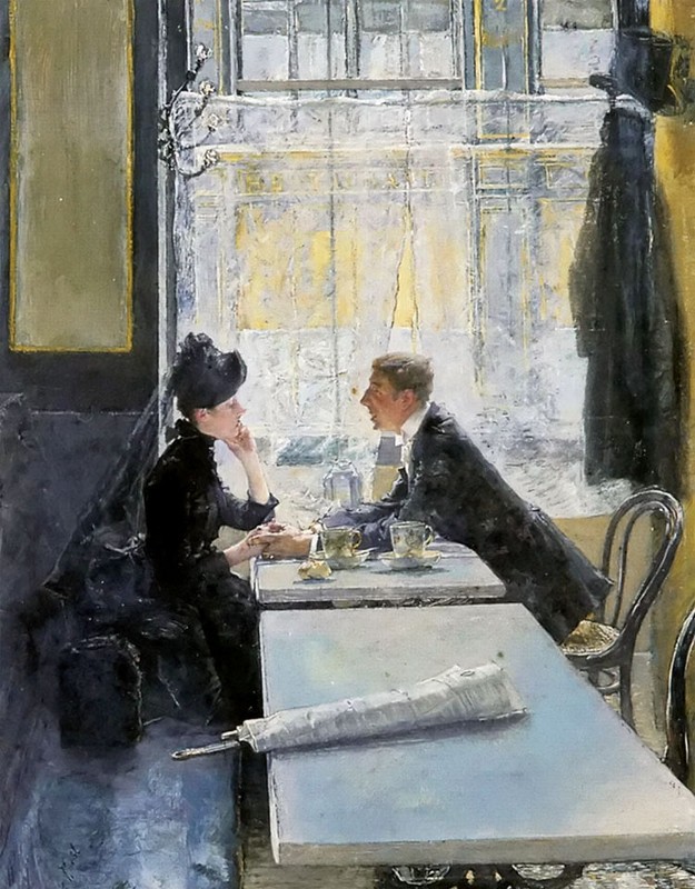 Oil painting gotthardt johann kuehl – amoureux au cafe young lovers in club art