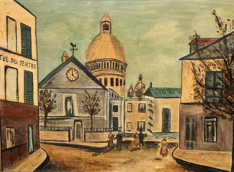 Old Vintage Oil Painting French Cityscape du Mound & Sacred Heart Art Landscape