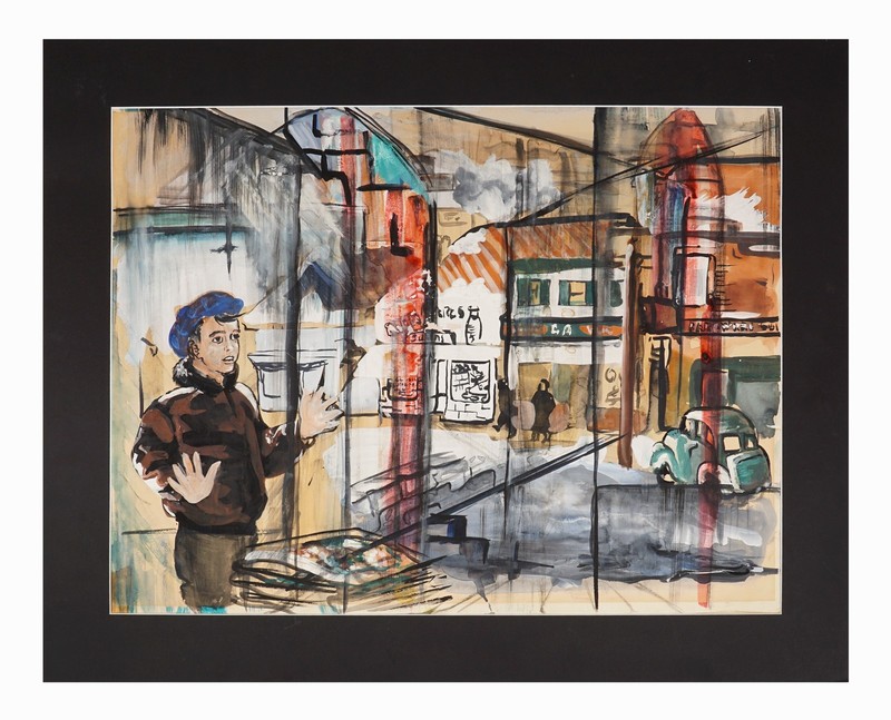 1950s Gouache Painting Watercolor Street Boy City Skyline Vintage Mid Century