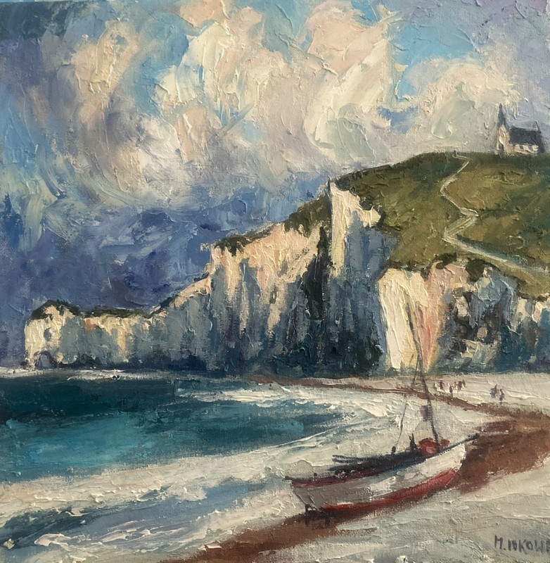 Coastal Cliff Landscape Original Oil Painting Boat Shore Impressionist Seascape