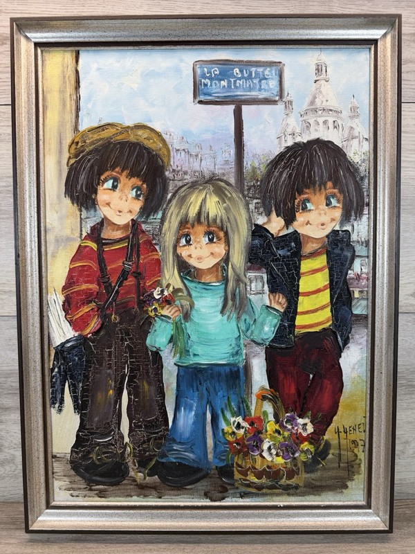 Vintage Big Eyes Style Oil Painting Children Paris Montmartre 1977 Signed Framed