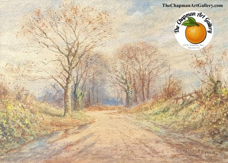 Antique watercolor on cardboard landscape by Henry Morley, English