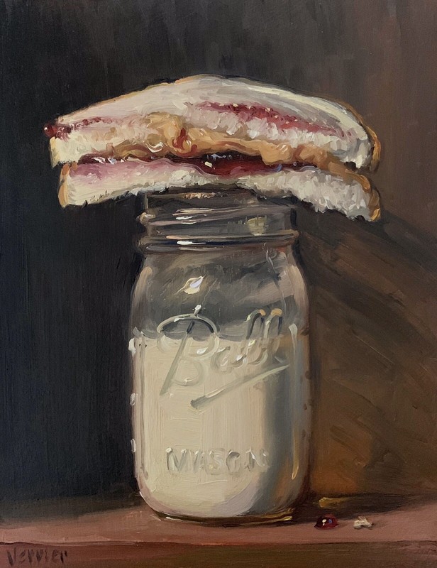 PBJ & Ball Jar of Milk (Hand Embellish) By NOAH VERRIER Still life oil painting