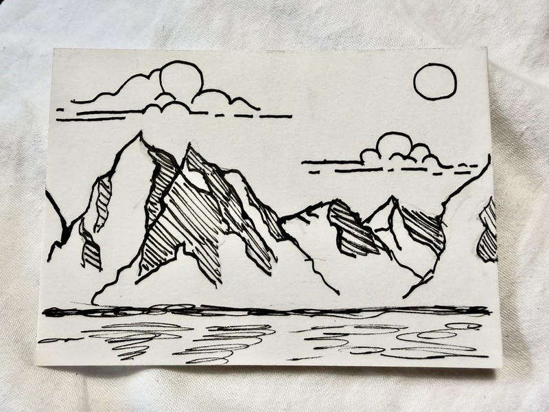 ACEO Art Card Pen And Ink Mountain Landscape