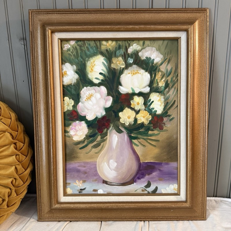 Vintage Original Painting Still Life Floral Beautiful Frame Green Pink Brown Red