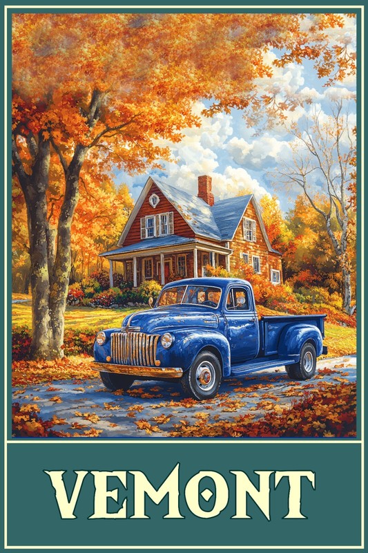Vermont Fall Foliage Trees Truck Home Art Travel Poster 16×24 Giclee Print
