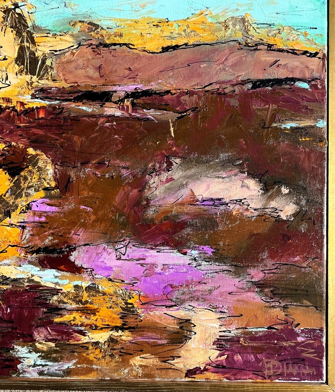 ABSTRACT MODERNIST LANDSCAPE PAINTING W/ GOLD LEAF SIGNED DIANA MULDER? 24" gallery