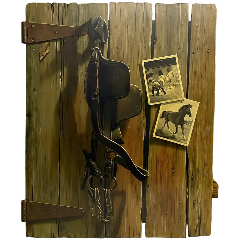 Ernest Albert Land Equestrian Trompe L’Oeil Oil Painting, Stable Door, 1973