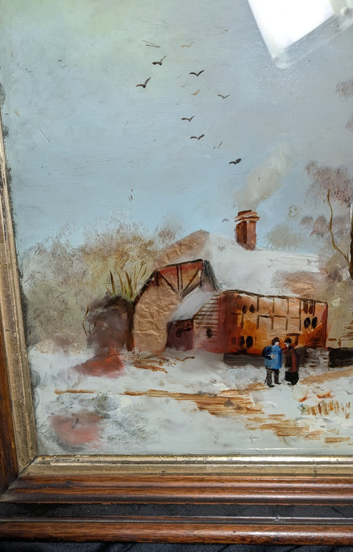 Antique Reverse Glass Painting Deep Wood Frame Winter Cottage Horse Landscape gallery